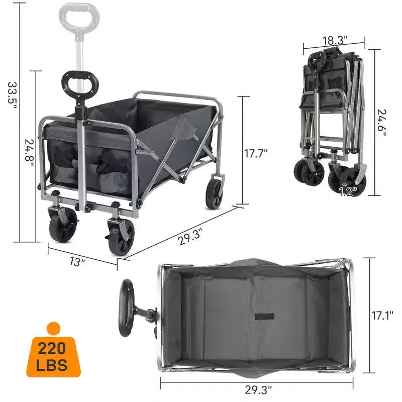 Chariot de jardin pliable portable noir de 29,3 pouces de large