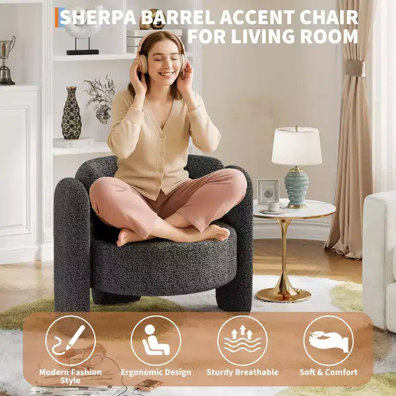 Fauteuil d'appoint moderne en chenille - Rembourrage de style Mid-Century, accoudoir rond confortable, dossier ouvert, coin arrondi, pour chambre, bureau ou café