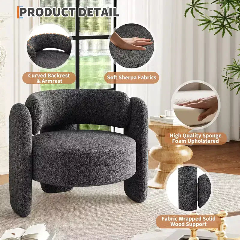 Fauteuil d'appoint moderne en chenille - Rembourrage de style Mid-Century, accoudoir rond confortable, dossier ouvert, coin arrondi, pour chambre, bureau ou café