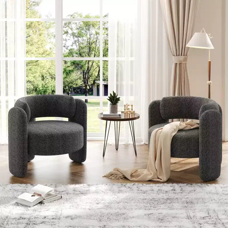 Fauteuil d'appoint moderne en chenille - Rembourrage de style Mid-Century, accoudoir rond confortable, dossier ouvert, coin arrondi, pour chambre, bureau ou café