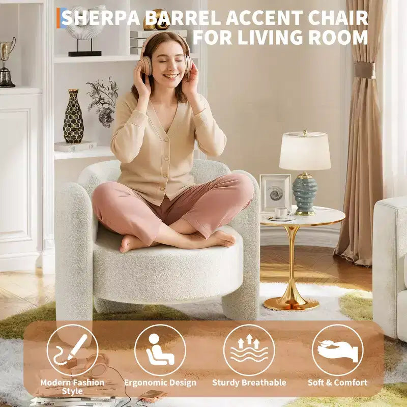 Fauteuil d'appoint moderne en chenille - Rembourrage de style Mid-Century, accoudoir rond confortable, dossier ouvert, coin arrondi, pour chambre, bureau ou café