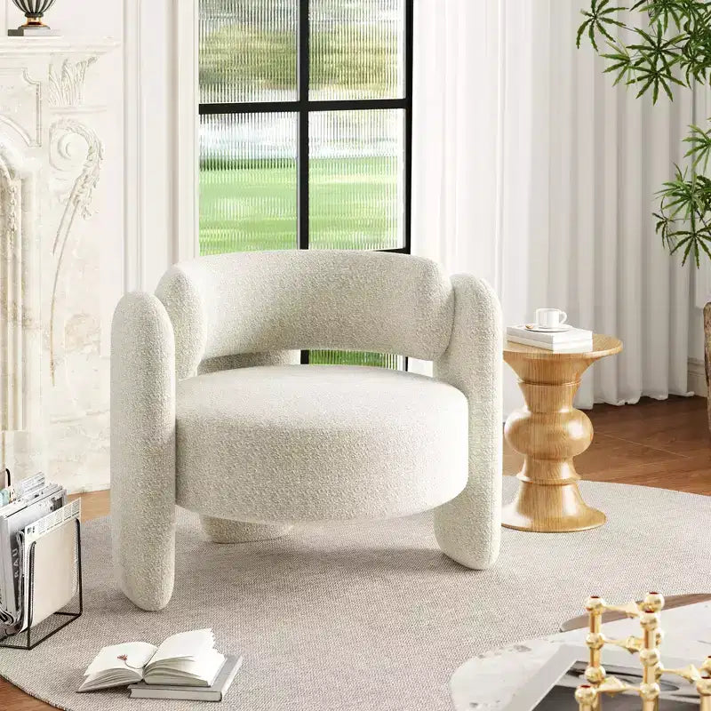 Fauteuil d'appoint moderne en chenille - Rembourrage de style Mid-Century, accoudoir rond confortable, dossier ouvert, coin arrondi, pour chambre, bureau ou café