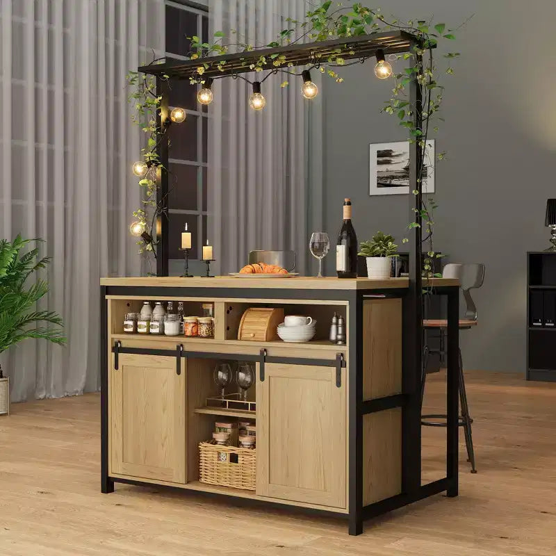 Îlot de cuisine, étagère de boulanger avec porte coulissante en forme de grange, grande table îlot de cuisine de 106 cm avec support à micro-ondes à 3 niveaux, étagères de four, table de bar à café