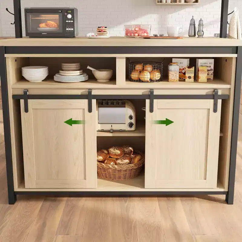 Îlot de cuisine, étagère de boulanger avec porte coulissante en forme de grange, grande table îlot de cuisine de 106 cm avec support à micro-ondes à 3 niveaux, étagères de four, table de bar à café