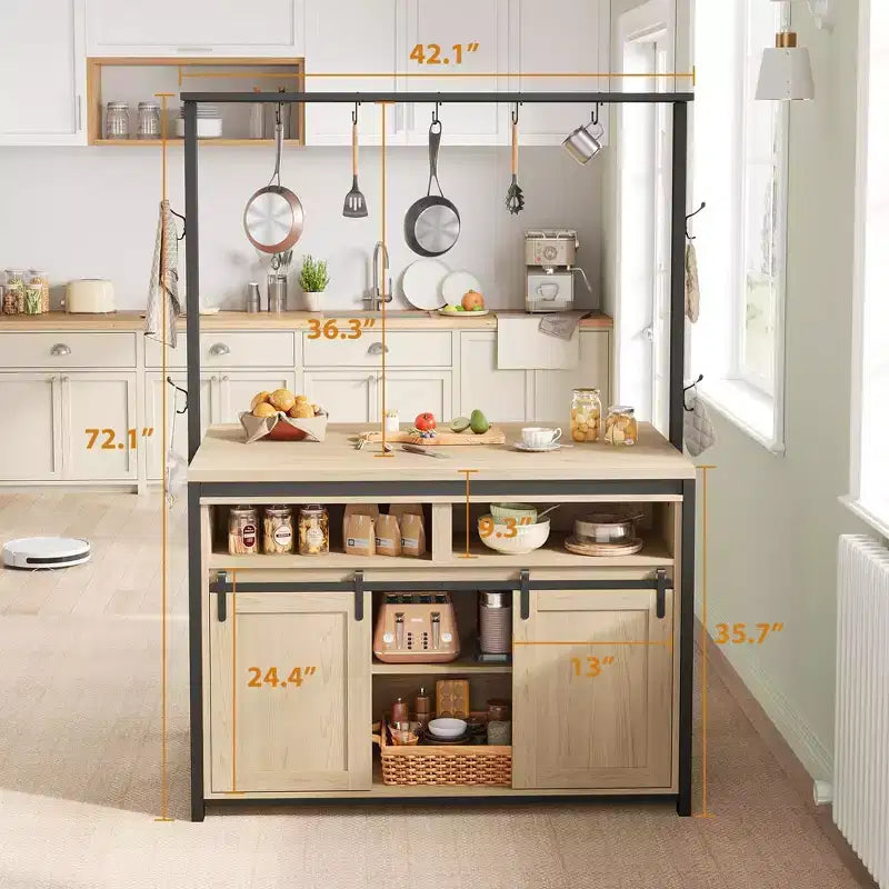 Îlot de cuisine, étagère de boulanger avec porte coulissante en forme de grange, grande table îlot de cuisine de 106 cm avec support à micro-ondes à 3 niveaux, étagères de four, table de bar à café