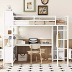 Lit mezzanine pleine grandeur avec armoire et bureau en L, lits superposés en métal robuste avec étagères de rangement, lits mezzanine modernes pour adolescents et adultes