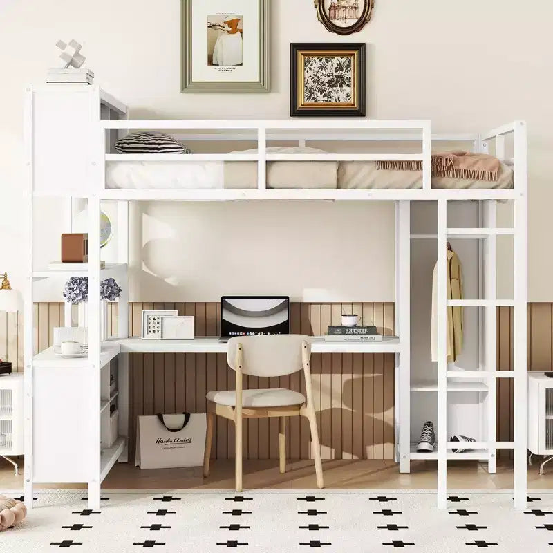 Lit mezzanine pleine grandeur avec armoire et bureau en L, lits superposés en métal robuste avec étagères de rangement, lits mezzanine modernes pour adolescents et adultes