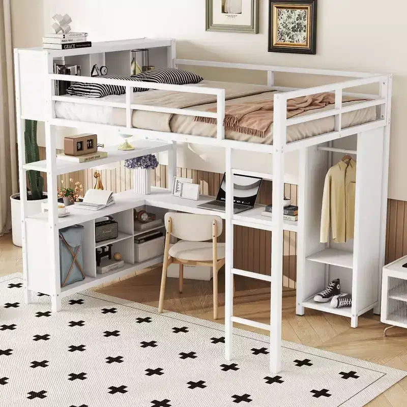Lit mezzanine pleine grandeur avec armoire et bureau en L, lits superposés en métal robuste avec étagères de rangement, lits mezzanine modernes pour adolescents et adultes