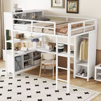 Lit mezzanine pleine grandeur avec armoire et bureau en L, lits superposés en métal robuste avec étagères de rangement, lits mezzanine modernes pour adolescents et adultes