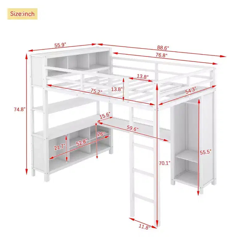 Lit mezzanine pleine grandeur avec armoire et bureau en L, lits superposés en métal robuste avec étagères de rangement, lits mezzanine modernes pour adolescents et adultes