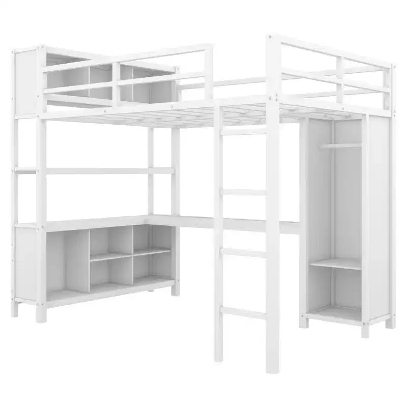 Lit mezzanine pleine grandeur avec armoire et bureau en L, lits superposés en métal robuste avec étagères de rangement, lits mezzanine modernes pour adolescents et adultes