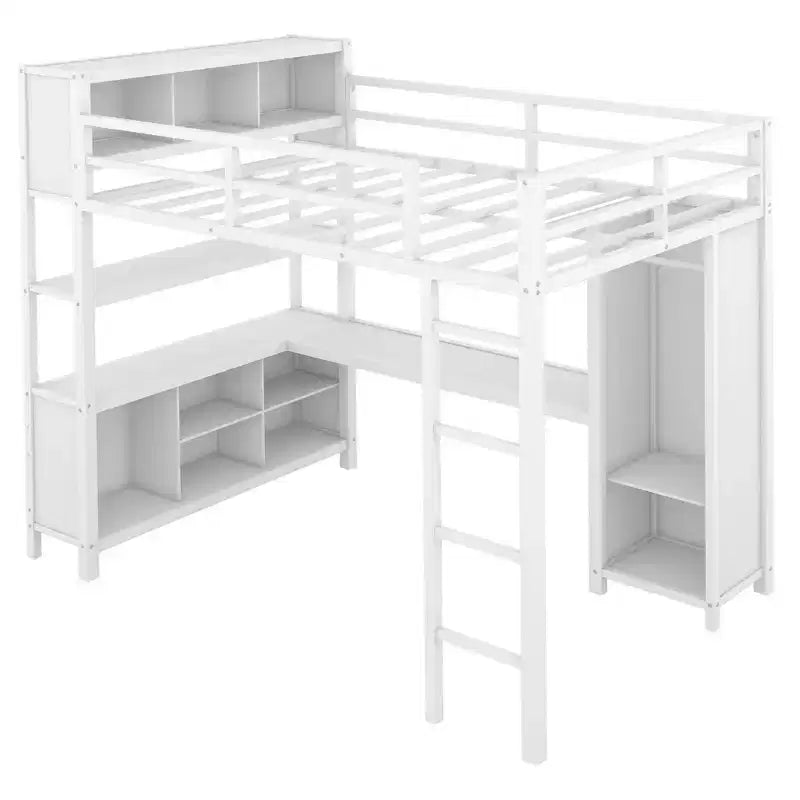 Lit mezzanine pleine grandeur avec armoire et bureau en L, lits superposés en métal robuste avec étagères de rangement, lits mezzanine modernes pour adolescents et adultes