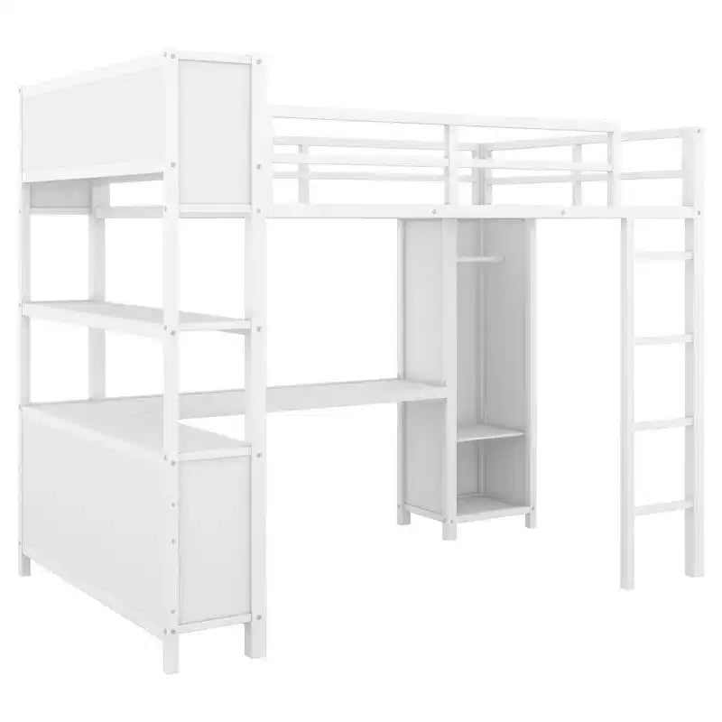 Lit mezzanine pleine grandeur avec armoire et bureau en L, lits superposés en métal robuste avec étagères de rangement, lits mezzanine modernes pour adolescents et adultes