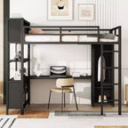 Lit mezzanine pleine grandeur avec armoire et bureau en L, lits superposés en métal robuste avec étagères de rangement, lits mezzanine modernes pour adolescents et adultes