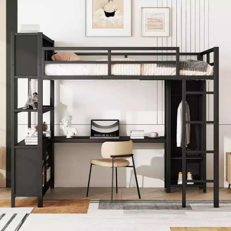Lit mezzanine pleine grandeur avec armoire et bureau en L, lits superposés en métal robuste avec étagères de rangement, lits mezzanine modernes pour adolescents et adultes