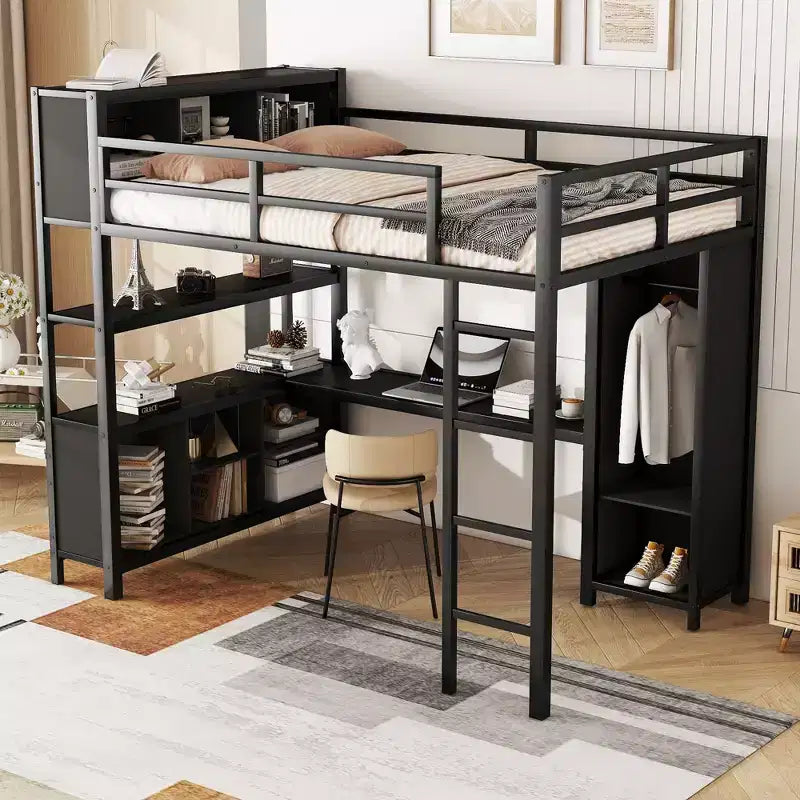 Lit mezzanine pleine grandeur avec armoire et bureau en L, lits superposés en métal robuste avec étagères de rangement, lits mezzanine modernes pour adolescents et adultes