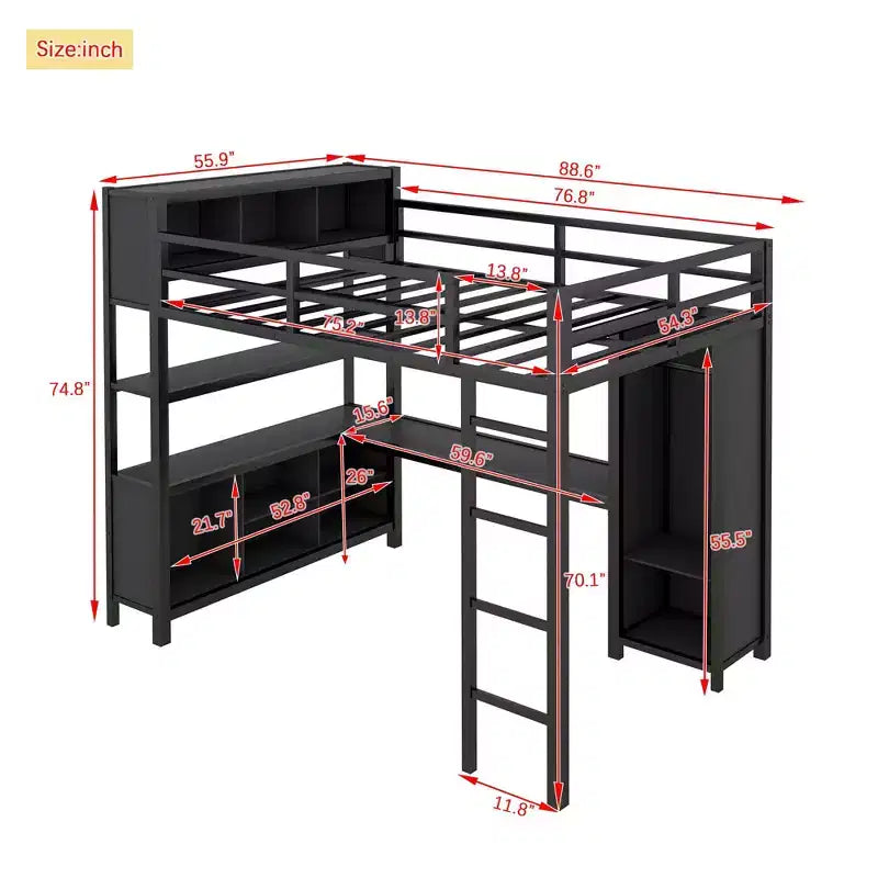 Lit mezzanine pleine grandeur avec armoire et bureau en L, lits superposés en métal robuste avec étagères de rangement, lits mezzanine modernes pour adolescents et adultes