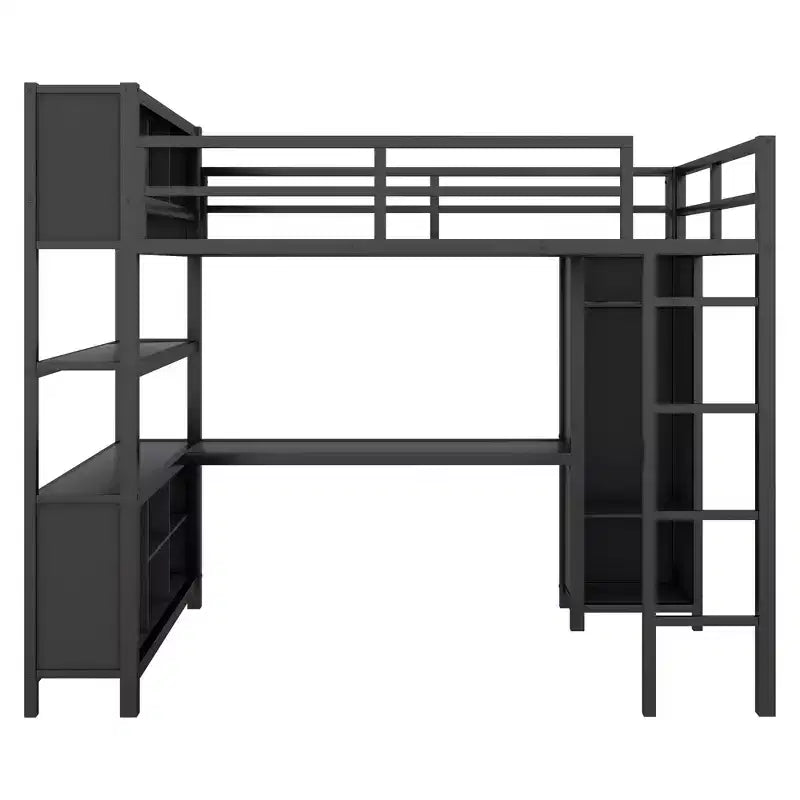 Lit mezzanine pleine grandeur avec armoire et bureau en L, lits superposés en métal robuste avec étagères de rangement, lits mezzanine modernes pour adolescents et adultes