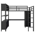 Lit mezzanine pleine grandeur avec armoire et bureau en L, lits superposés en métal robuste avec étagères de rangement, lits mezzanine modernes pour adolescents et adultes