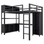 Lit mezzanine pleine grandeur avec armoire et bureau en L, lits superposés en métal robuste avec étagères de rangement, lits mezzanine modernes pour adolescents et adultes