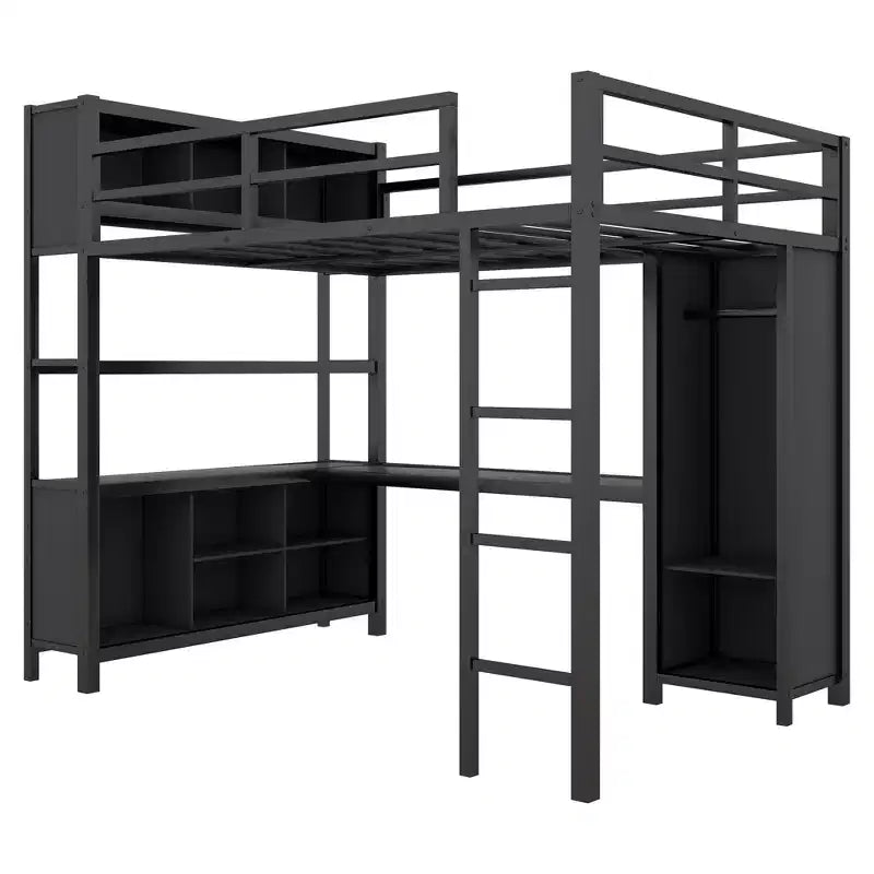 Lit mezzanine pleine grandeur avec armoire et bureau en L, lits superposés en métal robuste avec étagères de rangement, lits mezzanine modernes pour adolescents et adultes