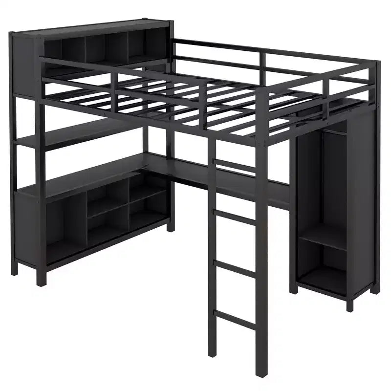 Lit mezzanine pleine grandeur avec armoire et bureau en L, lits superposés en métal robuste avec étagères de rangement, lits mezzanine modernes pour adolescents et adultes