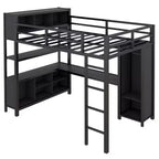 Lit mezzanine pleine grandeur avec armoire et bureau en L, lits superposés en métal robuste avec étagères de rangement, lits mezzanine modernes pour adolescents et adultes