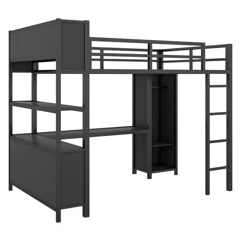 Lit mezzanine pleine grandeur avec armoire et bureau en L, lits superposés en métal robuste avec étagères de rangement, lits mezzanine modernes pour adolescents et adultes