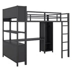 Lit mezzanine pleine grandeur avec armoire et bureau en L, lits superposés en métal robuste avec étagères de rangement, lits mezzanine modernes pour adolescents et adultes