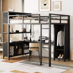Lit mezzanine pleine grandeur avec armoire et bureau en L, lits superposés en métal robuste avec étagères de rangement, lits mezzanine modernes pour adolescents et adultes