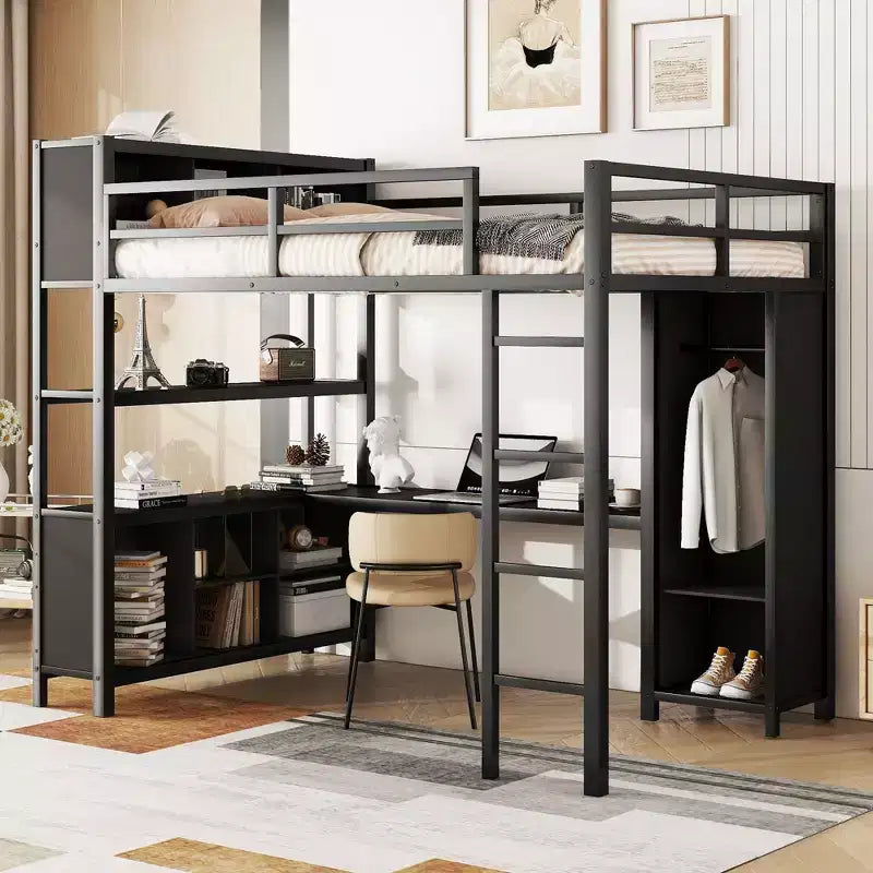 Lit mezzanine pleine grandeur avec armoire et bureau en L, lits superposés en métal robuste avec étagères de rangement, lits mezzanine modernes pour adolescents et adultes