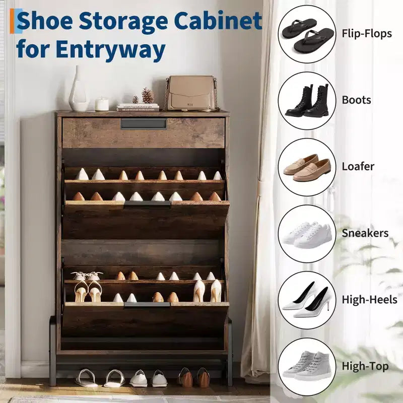 Meuble à chaussures avec tiroirs basculants, Organiseur de chaussures d'entrée avec tiroir, Meuble à chaussures étroit et discret sur pied pour l'entrée, le couloir