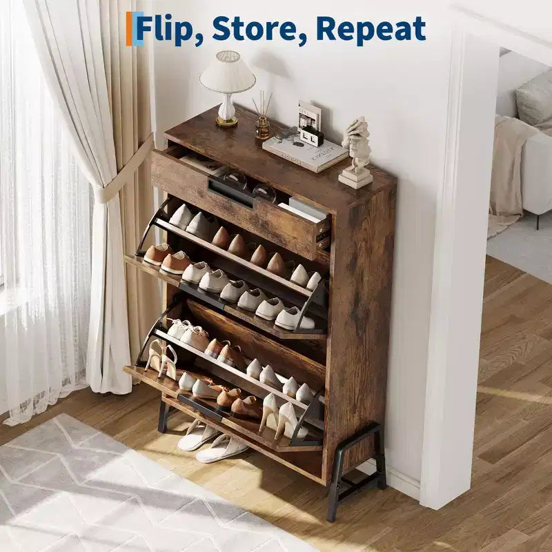 Meuble à chaussures avec tiroirs basculants, Organiseur de chaussures d'entrée avec tiroir, Meuble à chaussures étroit et discret sur pied pour l'entrée, le couloir