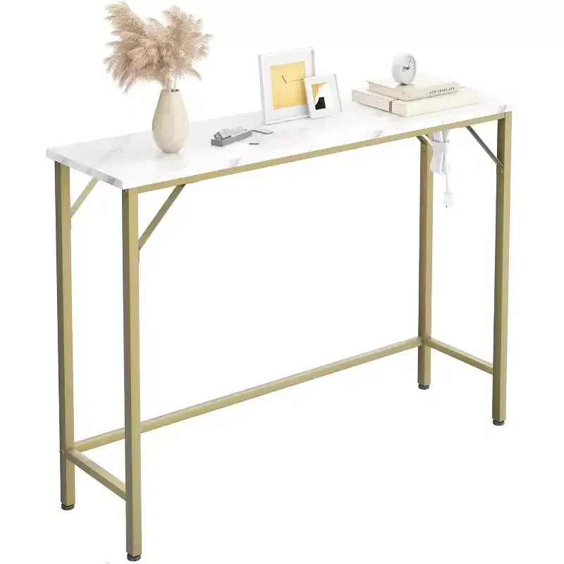 39.4 Table console moderne avec station de charge intégrée, plateau fin et pieds en métal, pour entrée, couloir et derrière le canapé, pour salon, appartement