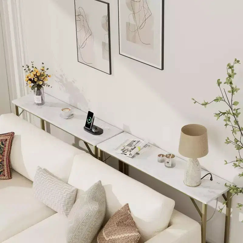 39.4 Table console moderne avec station de charge intégrée, plateau fin et pieds en métal, pour entrée, couloir et derrière le canapé, pour salon, appartement
