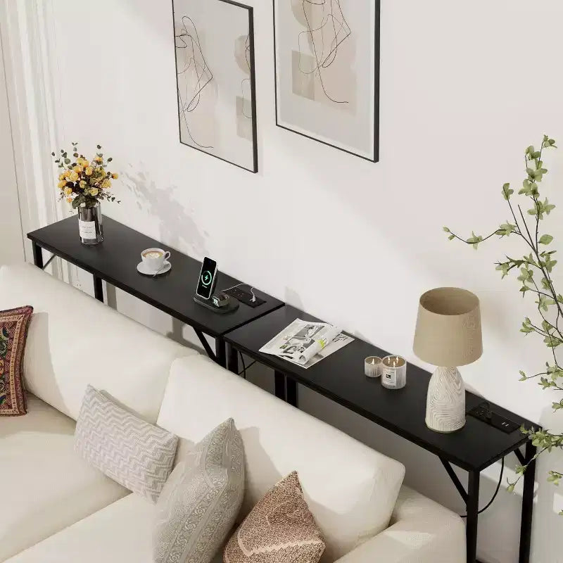 39.4 Table console moderne avec station de charge intégrée, plateau fin et pieds en métal, pour entrée, couloir et derrière le canapé, pour salon, appartement