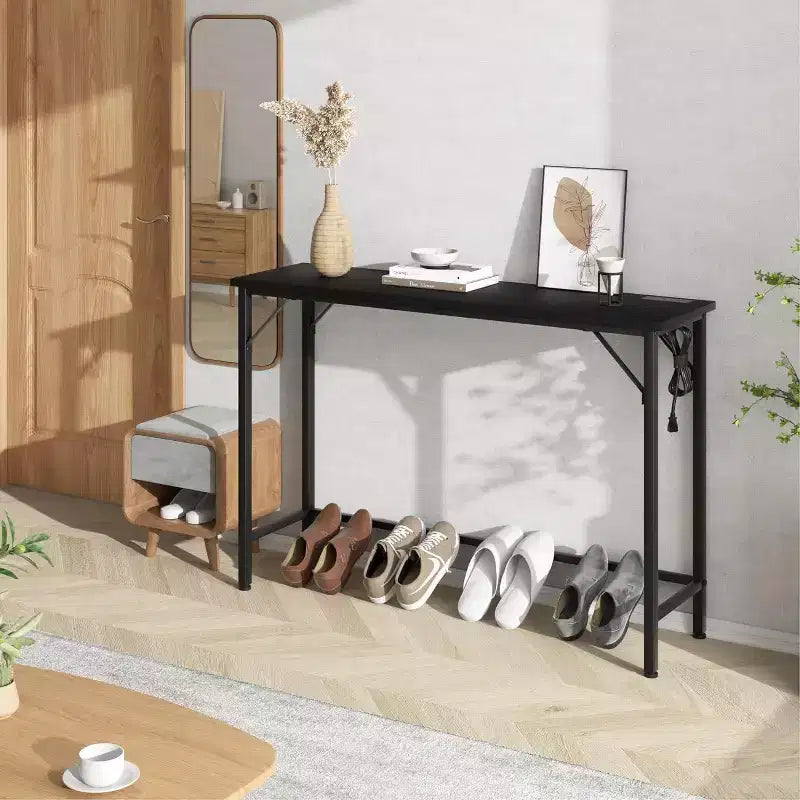 39.4 Modern Console Table with Built-in Charging Station, Slim Top & Metal Legs, Entryway, Hallway & Behind Sofa Table for Living Room, Apartment