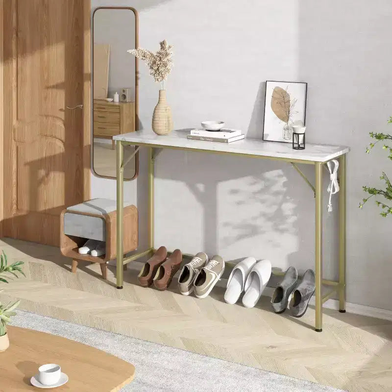 39.4 Table console moderne avec station de charge intégrée, plateau fin et pieds en métal, pour entrée, couloir et derrière le canapé, pour salon, appartement