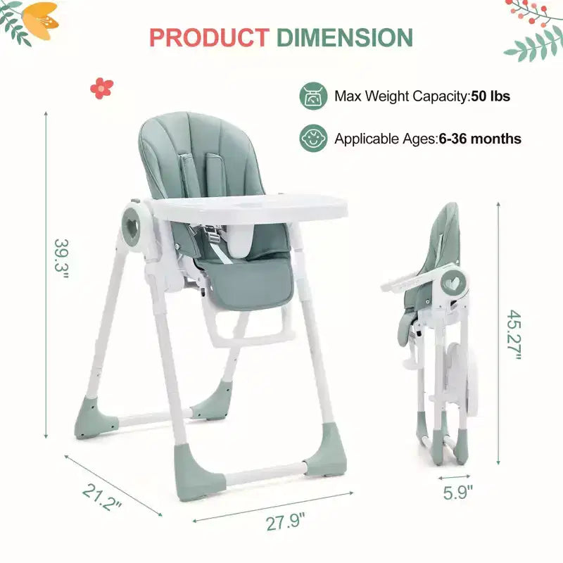 Chaise haute bébé pliable avec hauteur réglable, 5 positions d'inclinaison et double plateau amovible - Facile à nettoyer, chaise haute compacte pour nourrissons et tout-petits
