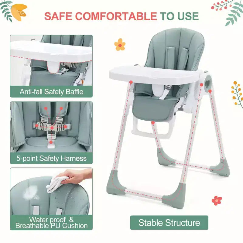 Chaise haute bébé pliable avec hauteur réglable, 5 positions d'inclinaison et double plateau amovible - Facile à nettoyer, chaise haute compacte pour nourrissons et tout-petits