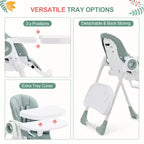 Chaise haute bébé pliable avec hauteur réglable, 5 positions d'inclinaison et double plateau amovible - Facile à nettoyer, chaise haute compacte pour nourrissons et tout-petits