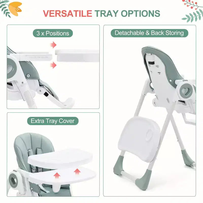 Chaise haute bébé pliable avec hauteur réglable, 5 positions d'inclinaison et double plateau amovible - Facile à nettoyer, chaise haute compacte pour nourrissons et tout-petits