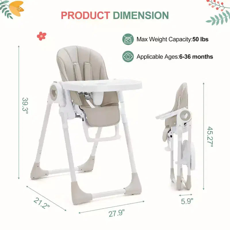 Chaise haute bébé pliable avec hauteur réglable, 5 positions d'inclinaison et double plateau amovible - Facile à nettoyer, chaise haute compacte pour nourrissons et tout-petits