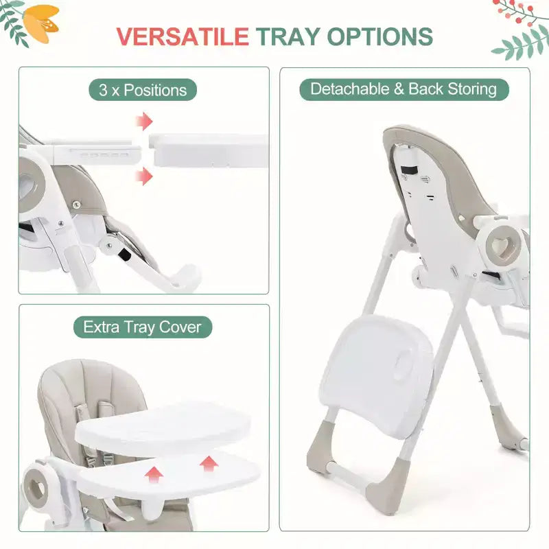 Chaise haute bébé pliable avec hauteur réglable, 5 positions d'inclinaison et double plateau amovible - Facile à nettoyer, chaise haute compacte pour nourrissons et tout-petits