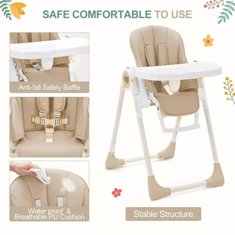 Chaise haute bébé pliable avec hauteur réglable, 5 positions d'inclinaison et double plateau amovible - Facile à nettoyer, chaise haute compacte pour nourrissons et tout-petits