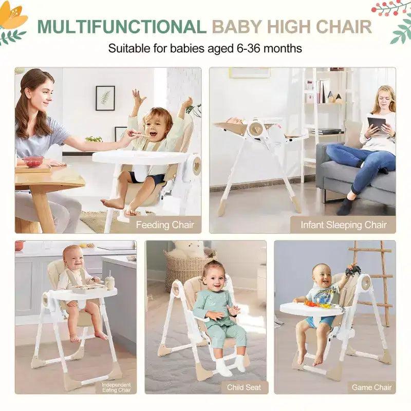 Chaise haute bébé pliable avec hauteur réglable, 5 positions d'inclinaison et double plateau amovible - Facile à nettoyer, chaise haute compacte pour nourrissons et tout-petits