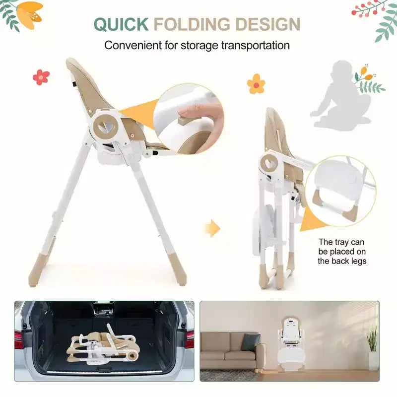 Chaise haute bébé pliable avec hauteur réglable, 5 positions d'inclinaison et double plateau amovible - Facile à nettoyer, chaise haute compacte pour nourrissons et tout-petits
