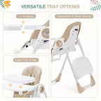 Chaise haute bébé pliable avec hauteur réglable, 5 positions d'inclinaison et double plateau amovible - Facile à nettoyer, chaise haute compacte pour nourrissons et tout-petits