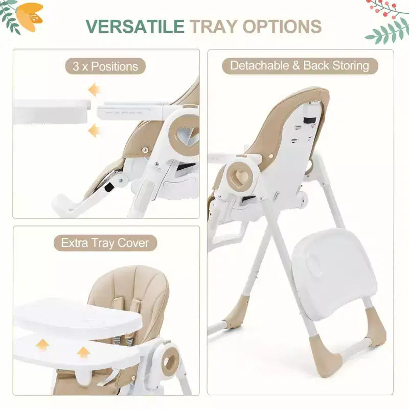 Chaise haute bébé pliable avec hauteur réglable, 5 positions d'inclinaison et double plateau amovible - Facile à nettoyer, chaise haute compacte pour nourrissons et tout-petits