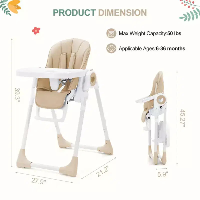 Chaise haute bébé pliable avec hauteur réglable, 5 positions d'inclinaison et double plateau amovible - Facile à nettoyer, chaise haute compacte pour nourrissons et tout-petits